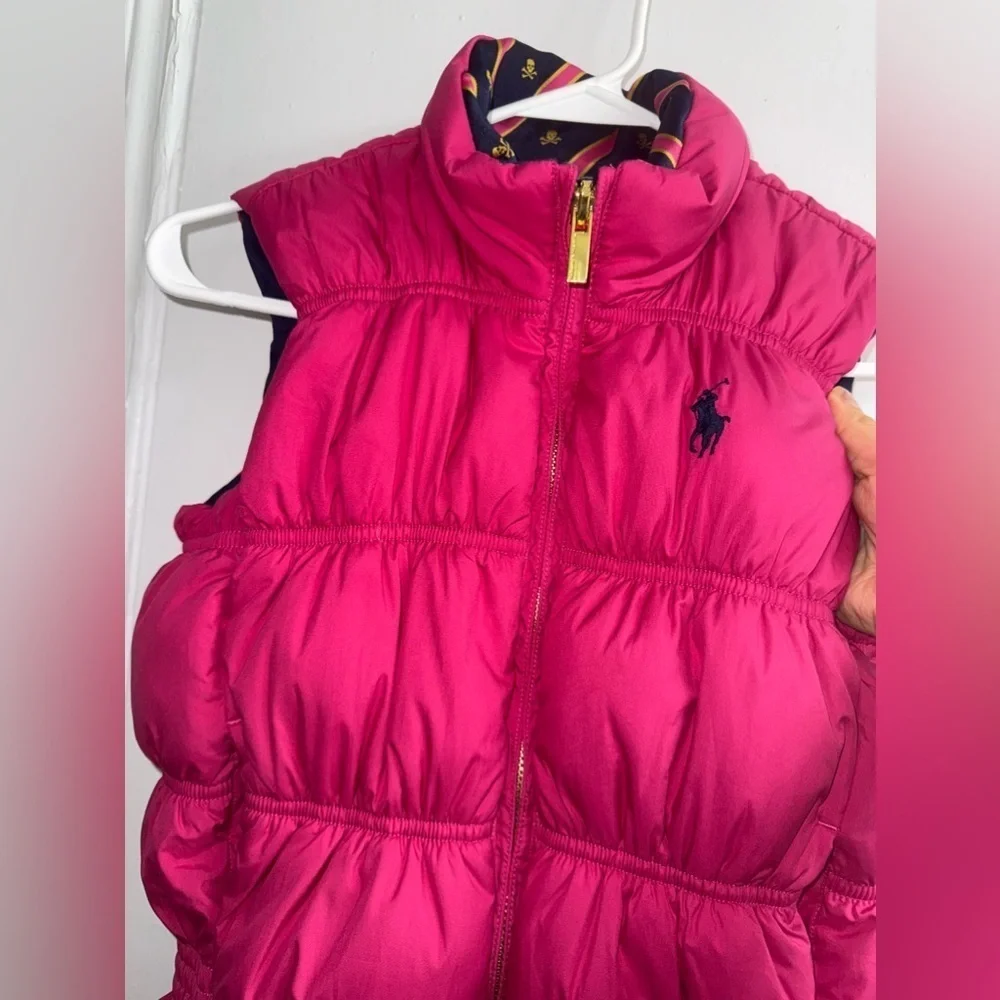 Ralph Lauren Girls Reversible Full Zip Down Puffer Vest Size 8-10 Pink/navy blue
